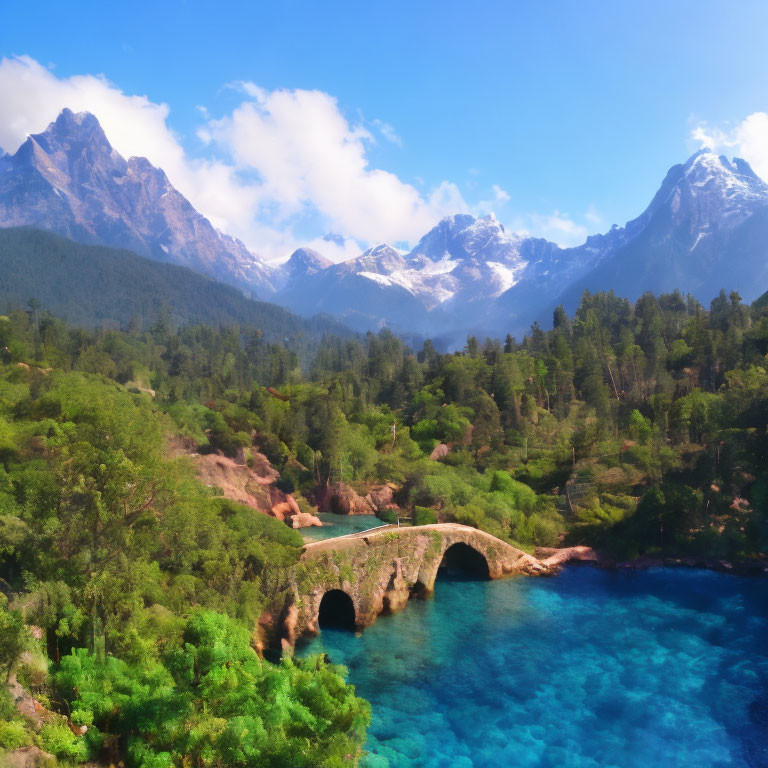 Stone bridge over clear blue river in lush green scenery surrounded by forests, mountains, and blue sky.