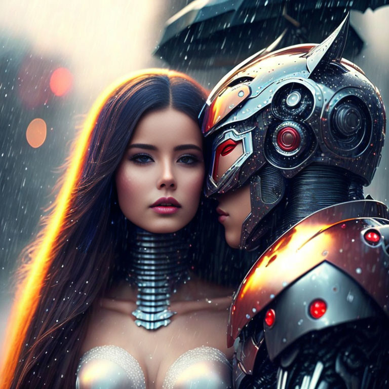 Woman and humanoid robot in intricate armor share a moment under colorful bokeh lights in the rain.