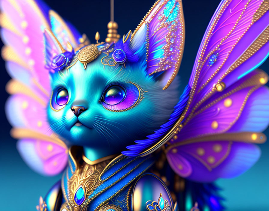 Blue Cat with Butterfly Wings and Golden Adornments on Blue Background