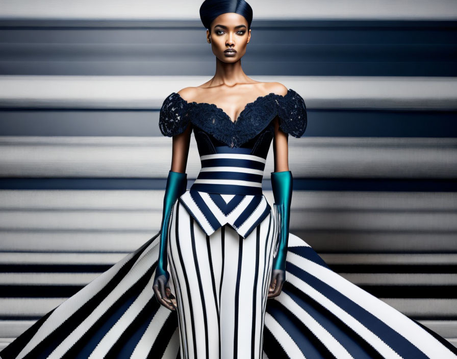 Geometric black and white gown with blue accents and off-shoulder neckline