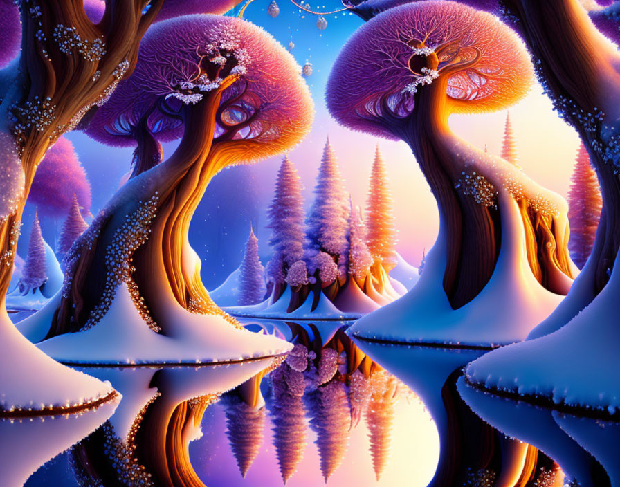 Whimsical winter landscape with purple trees reflected in icy river