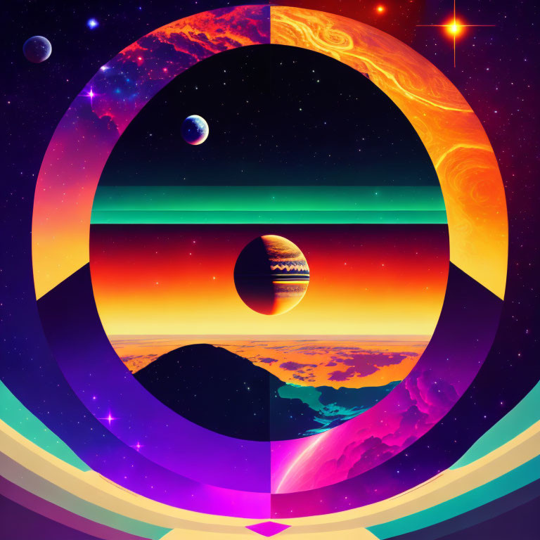 Colorful geometric digital art with cosmic sunset theme and abstract planets and stars.