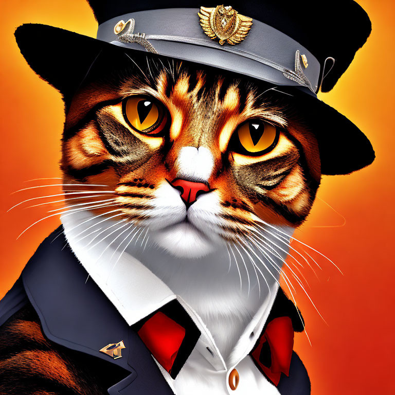 Digitally altered cat with human-like features in military attire on orange background.