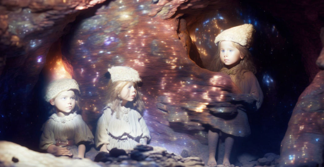 Children in vintage clothing explore dimly lit cave