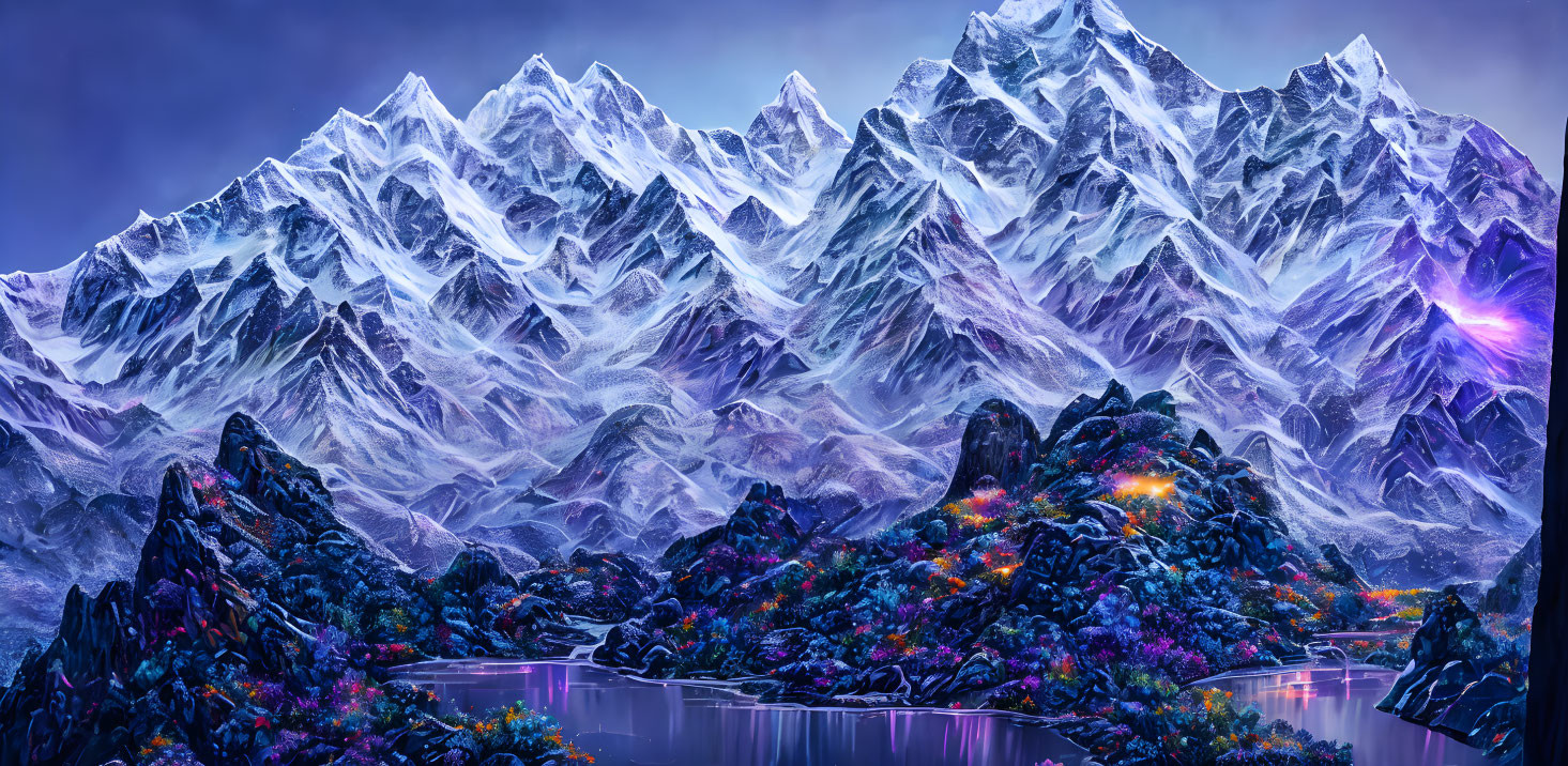 Vibrant fantasy landscape with snow-capped mountains, colorful flora, and reflective lake