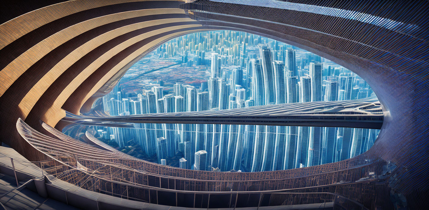 Futuristic cityscape through circular structure with layered arches