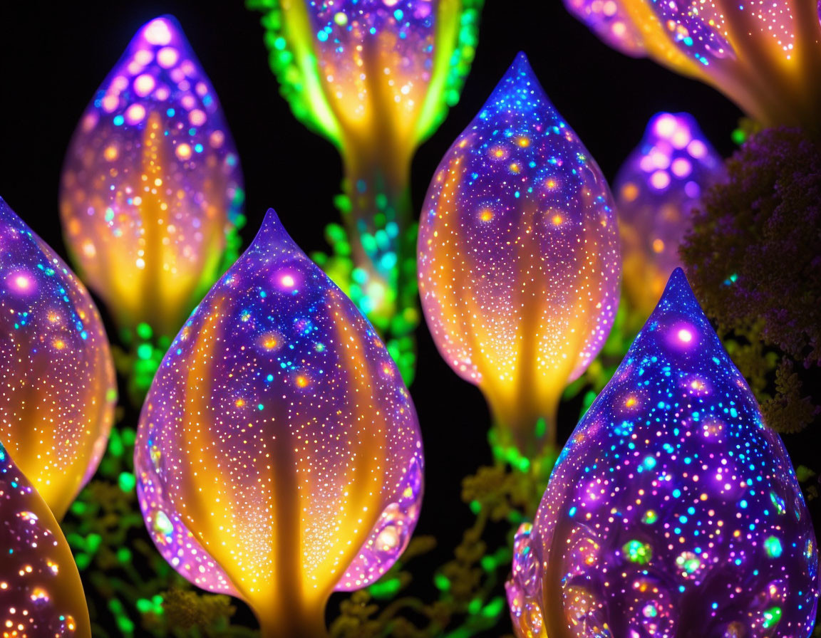 Vibrant illuminated flower-like structures on dark background