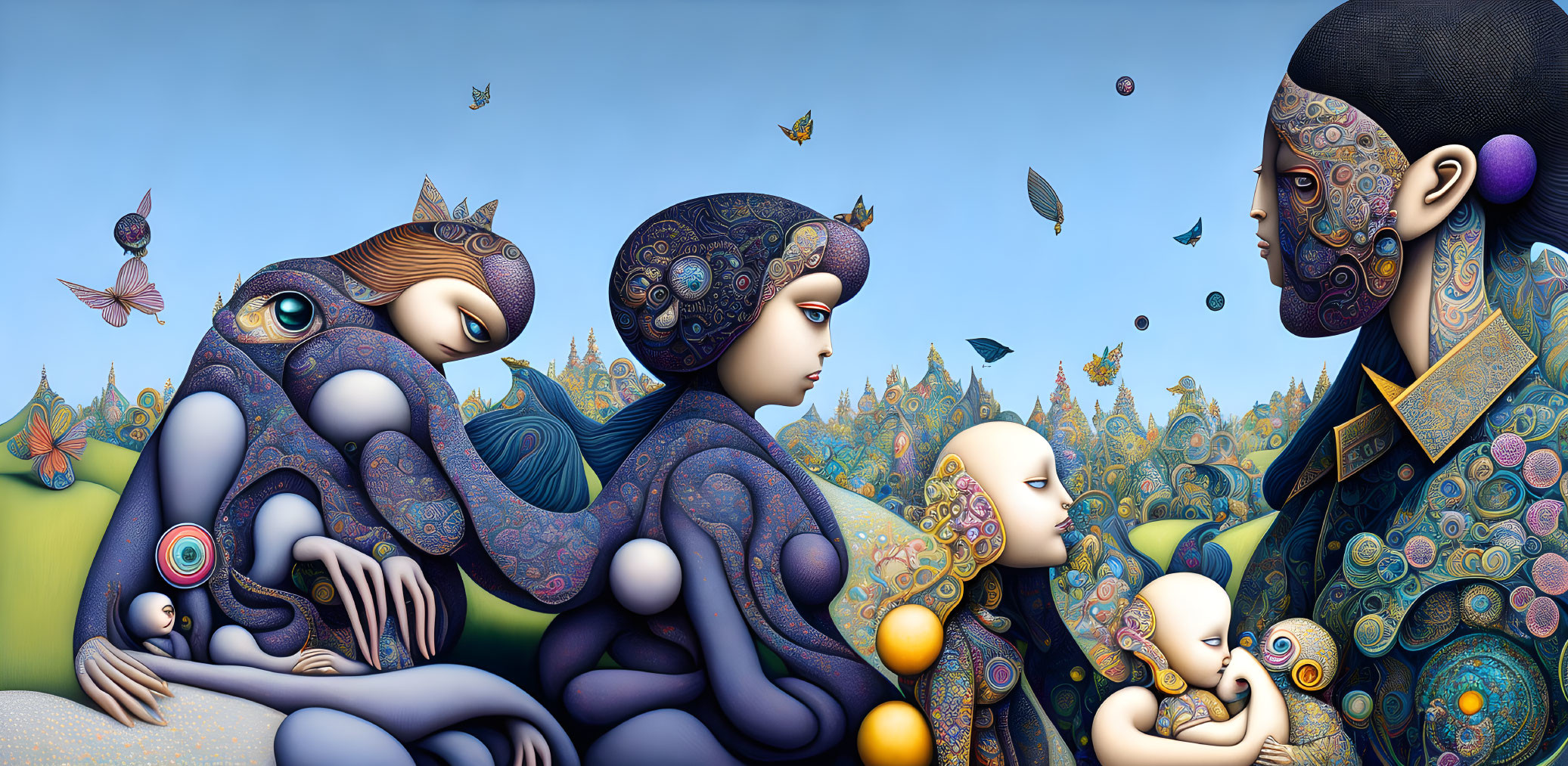 Surreal Artwork: Stylized Humanoid Figures in Fantastical Landscape