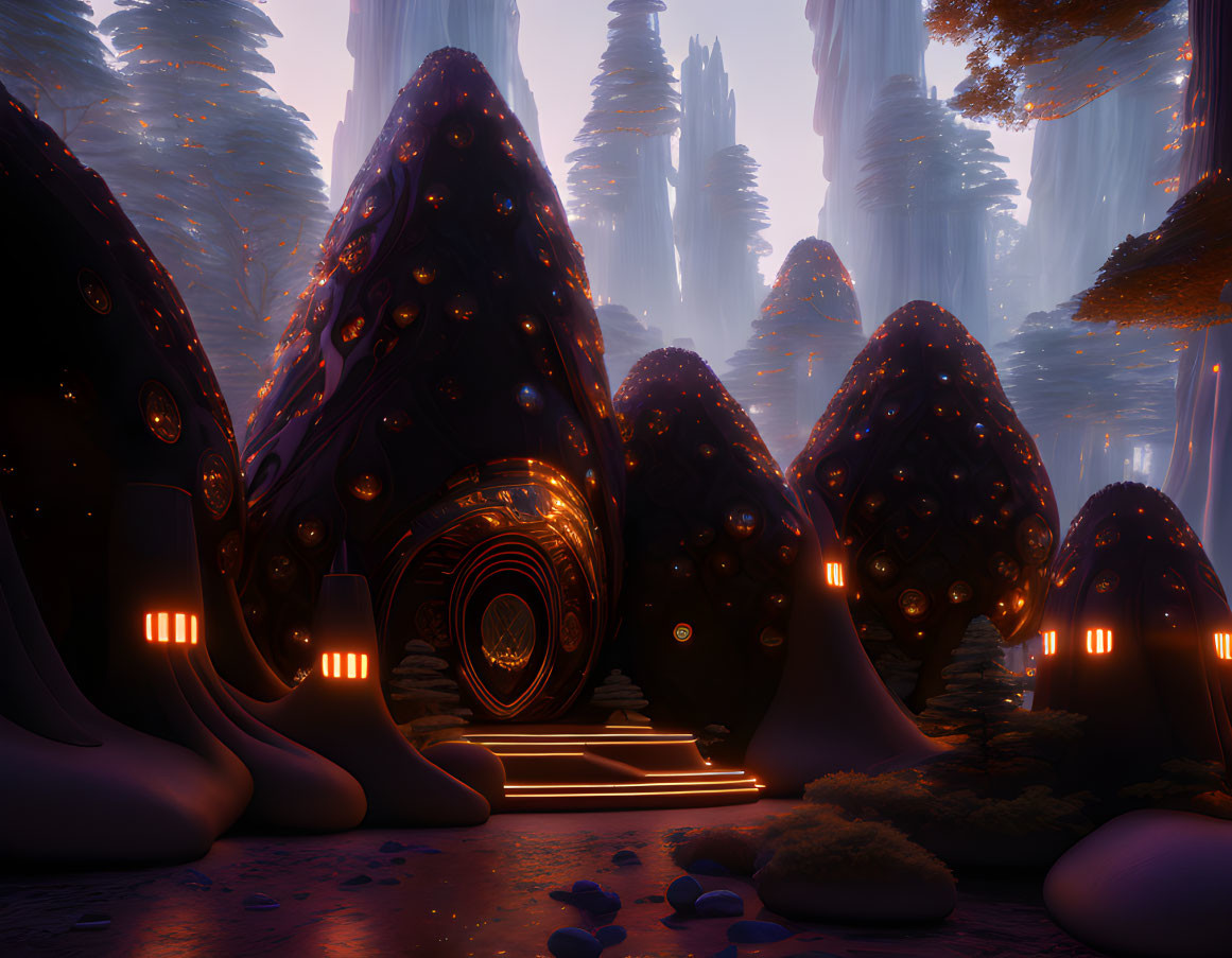 Mystical alien landscape: towering trees, luminescent structures, glowing orbs in serene, purple