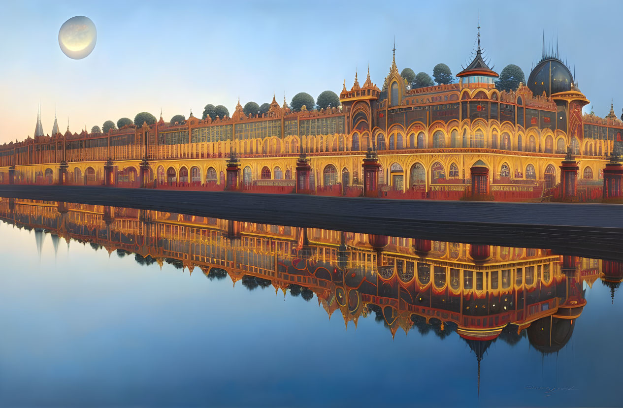 Palatial building with domes reflecting on calm water at dusk
