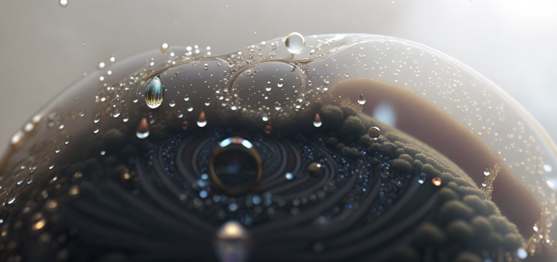 Macro shot of water droplets on oily surface with reflective pattern and soft lighting