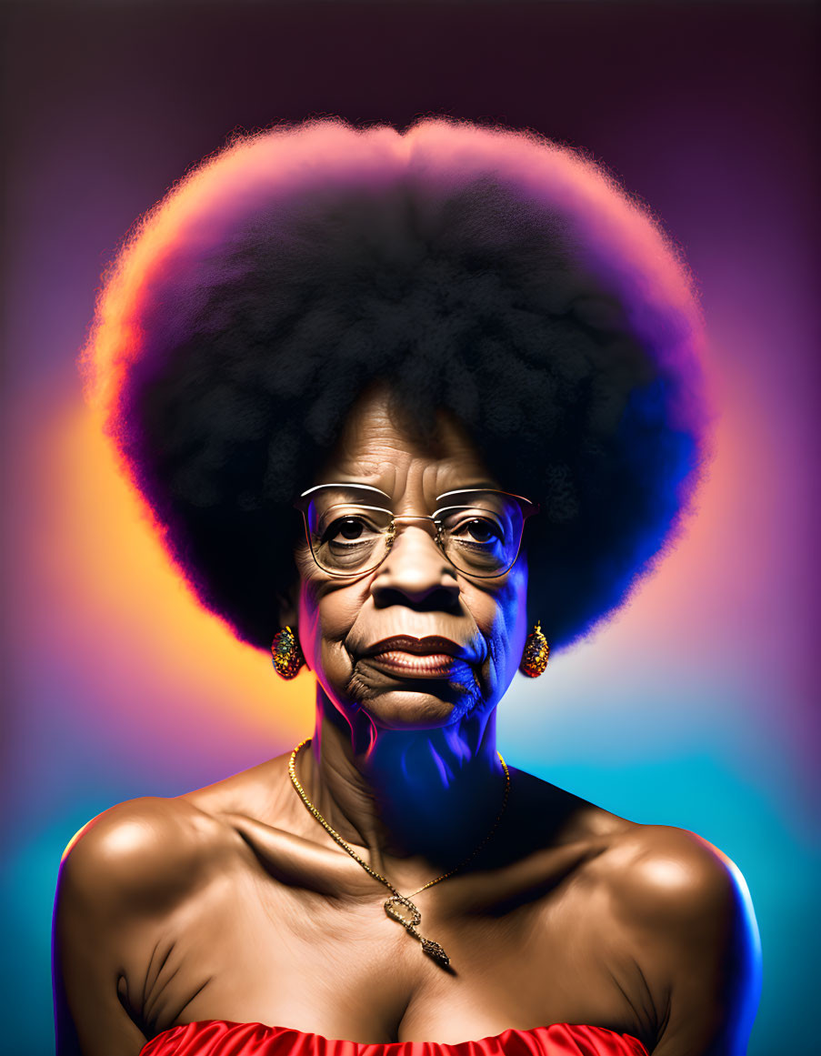 Colorful background frames portrait of elderly woman with afro, glasses, red top.