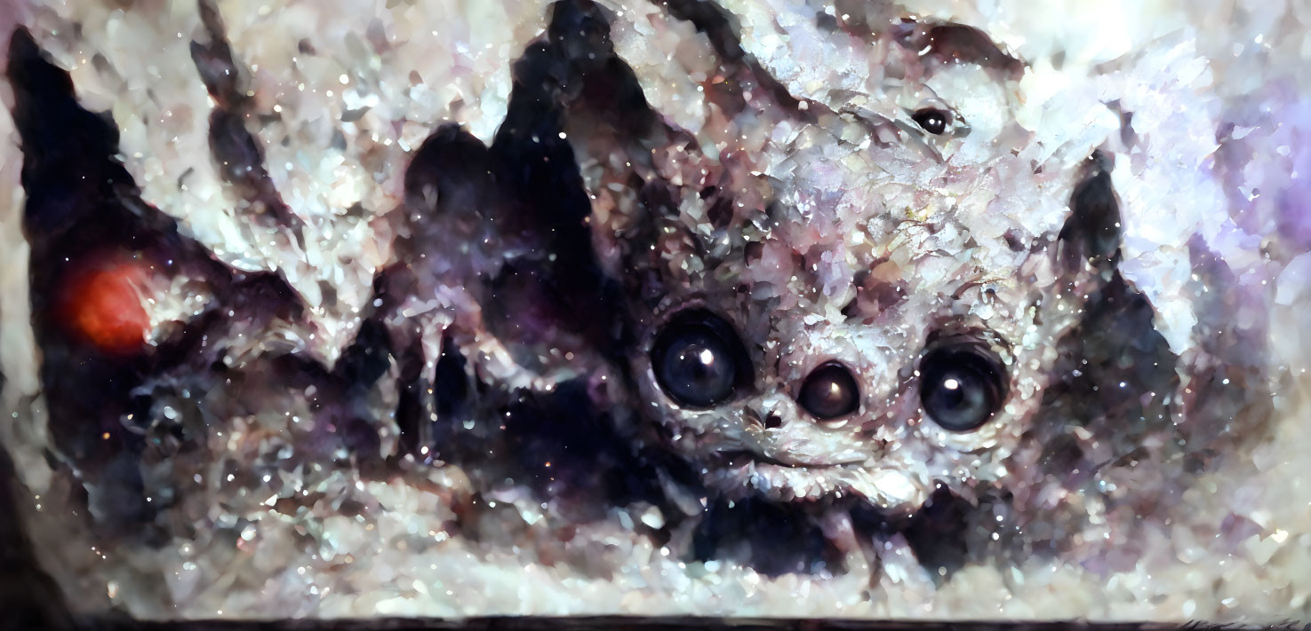 Close-up Image: Creature with Large Glowing Eyes in Crystalline Environment