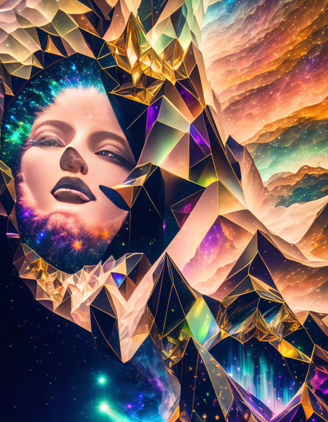 Abstract surreal collage of woman's face in geometric shapes against cosmic nebulae.