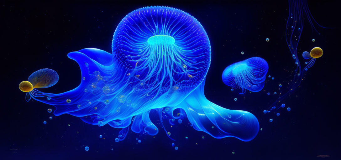 Colorful Digital Artwork: Three Luminescent Jellyfish in Deep Blue Ocean