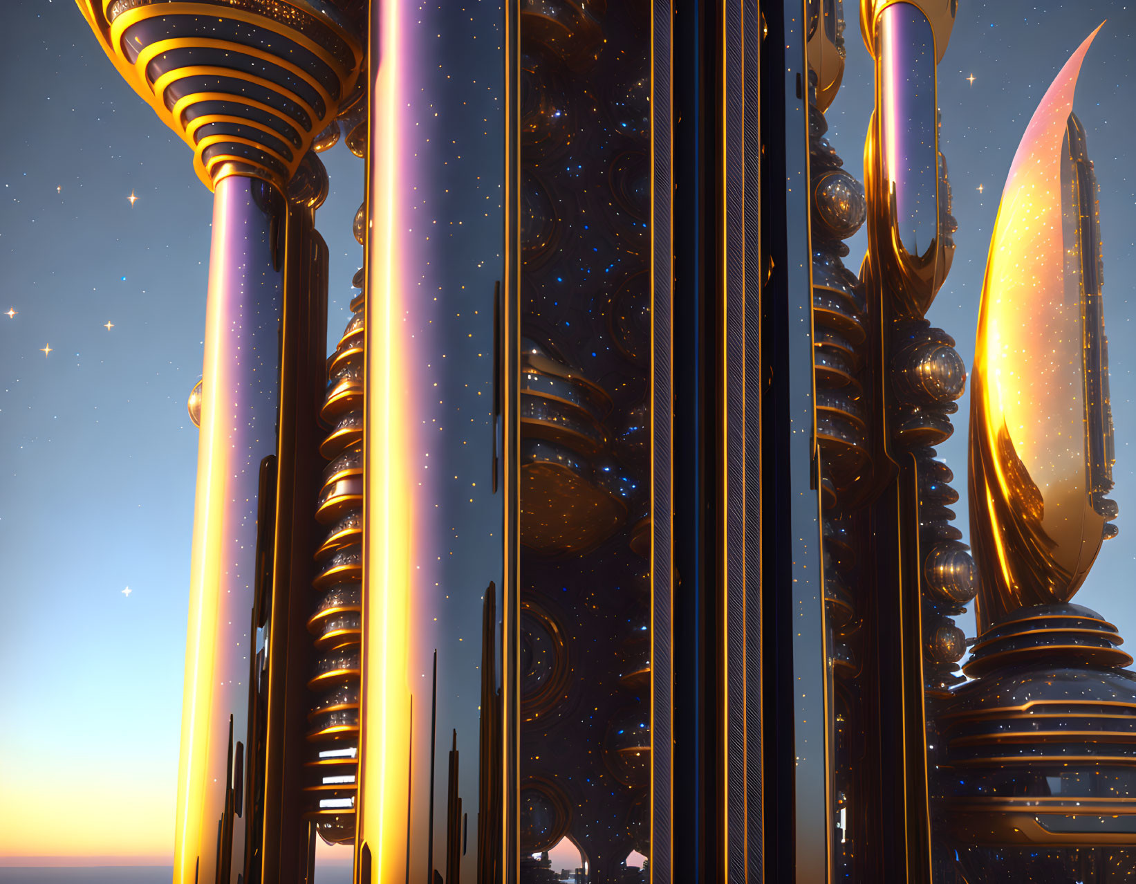 Futuristic cityscape with golden towers at dusk