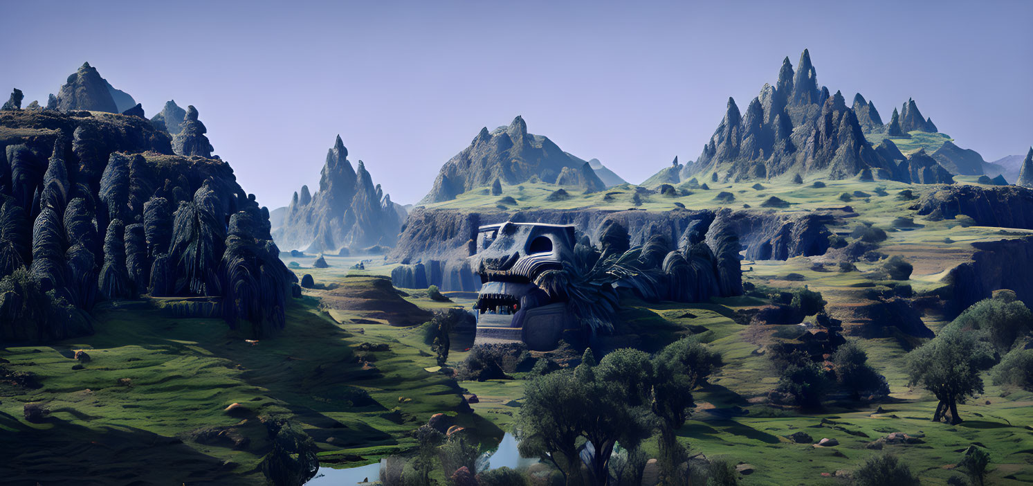 Futuristic structure in alien landscape with towering mountains