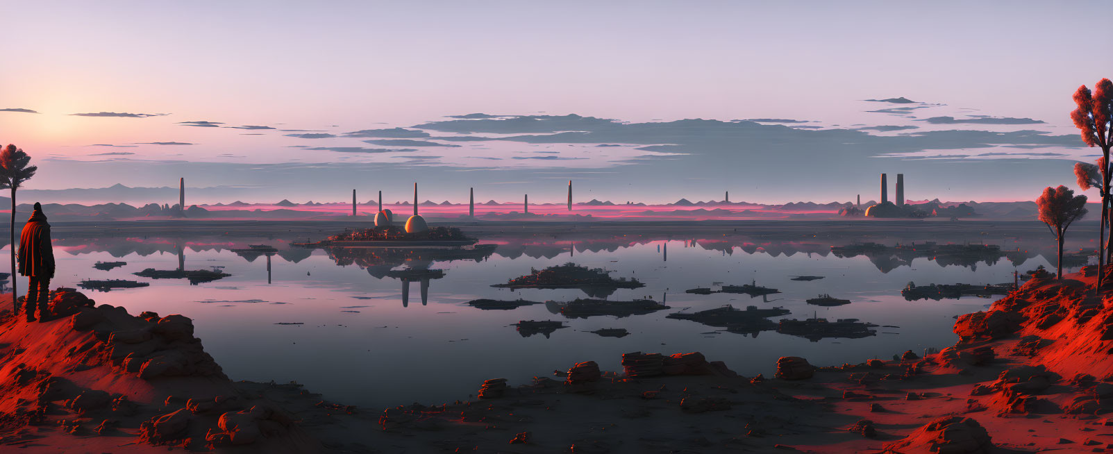 Futuristic landscape with serene sunset and industrial structures