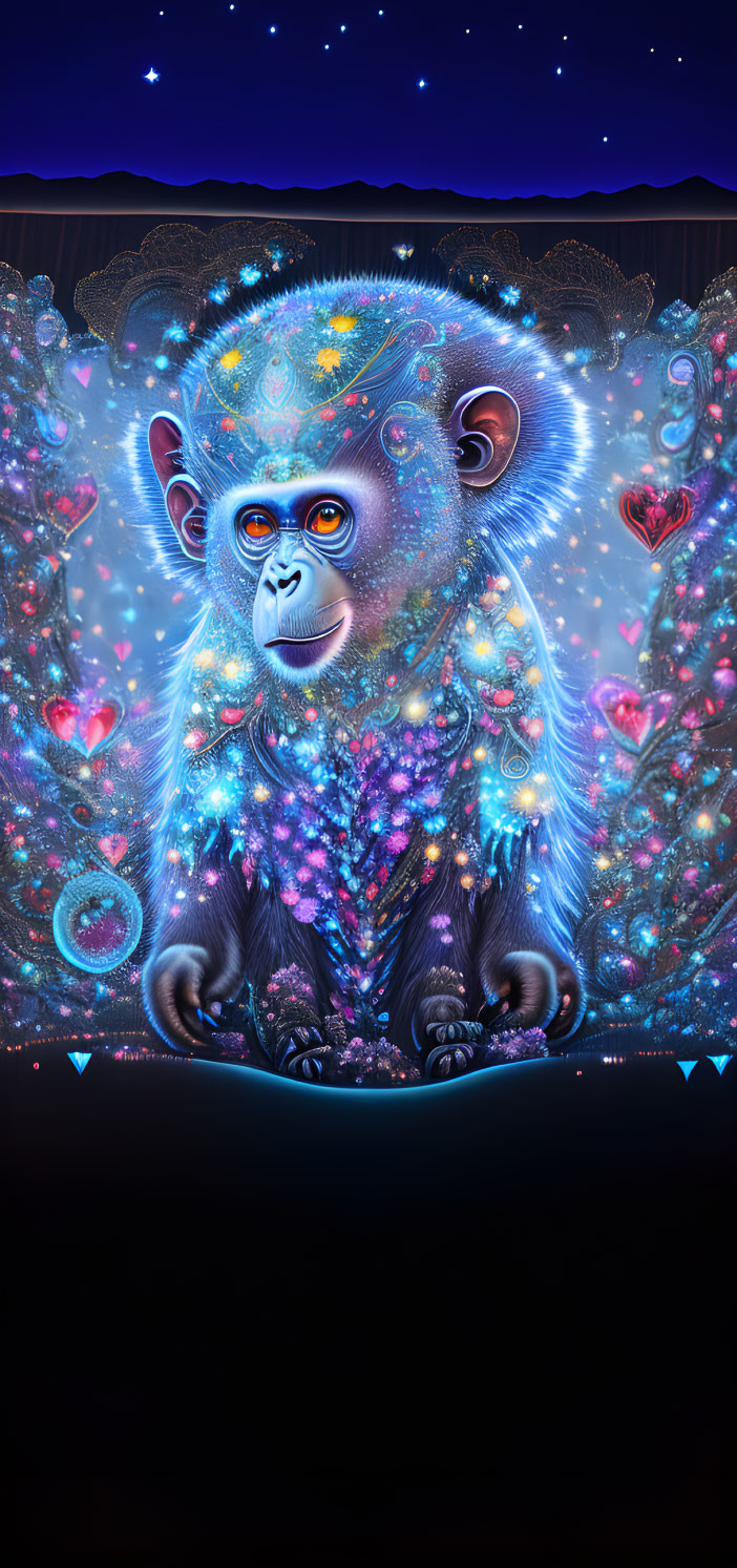 Colorful Psychedelic Monkey Artwork with Glowing Flora and Hearts