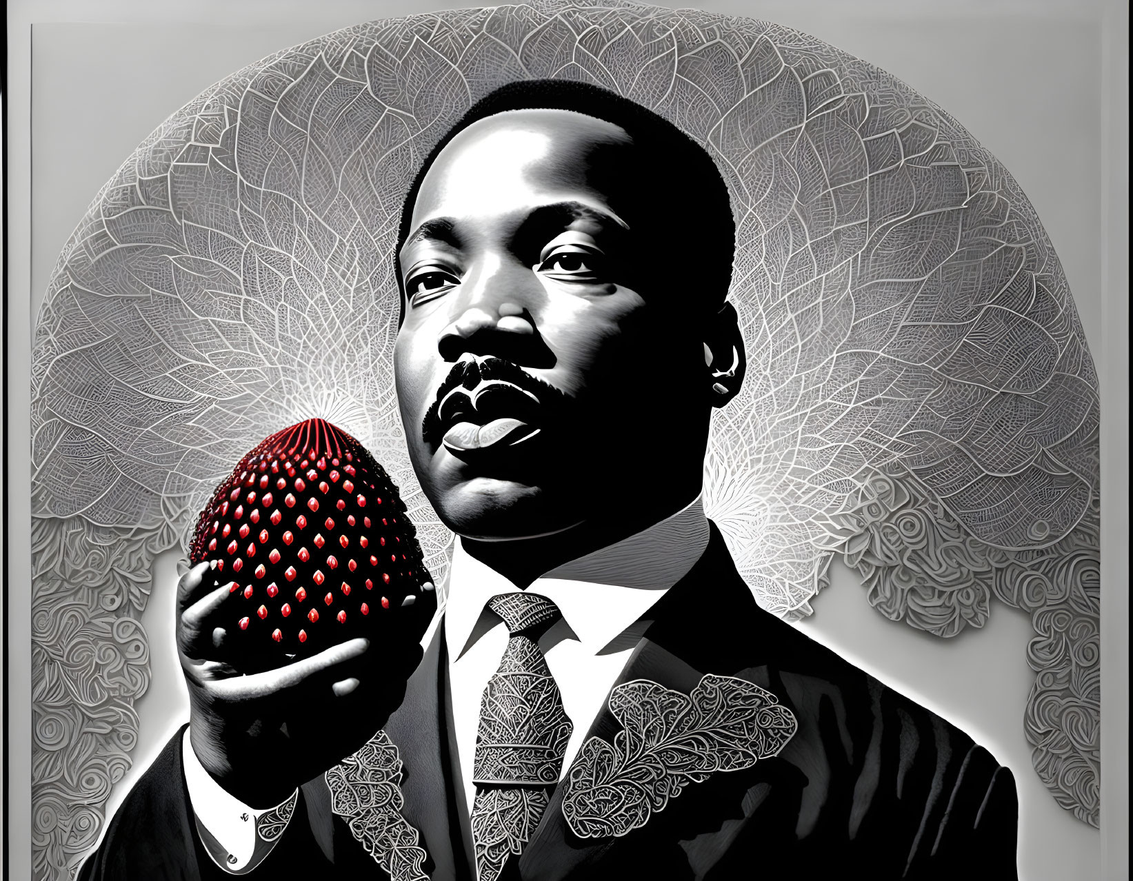 Monochrome illustration of man in suit with red object