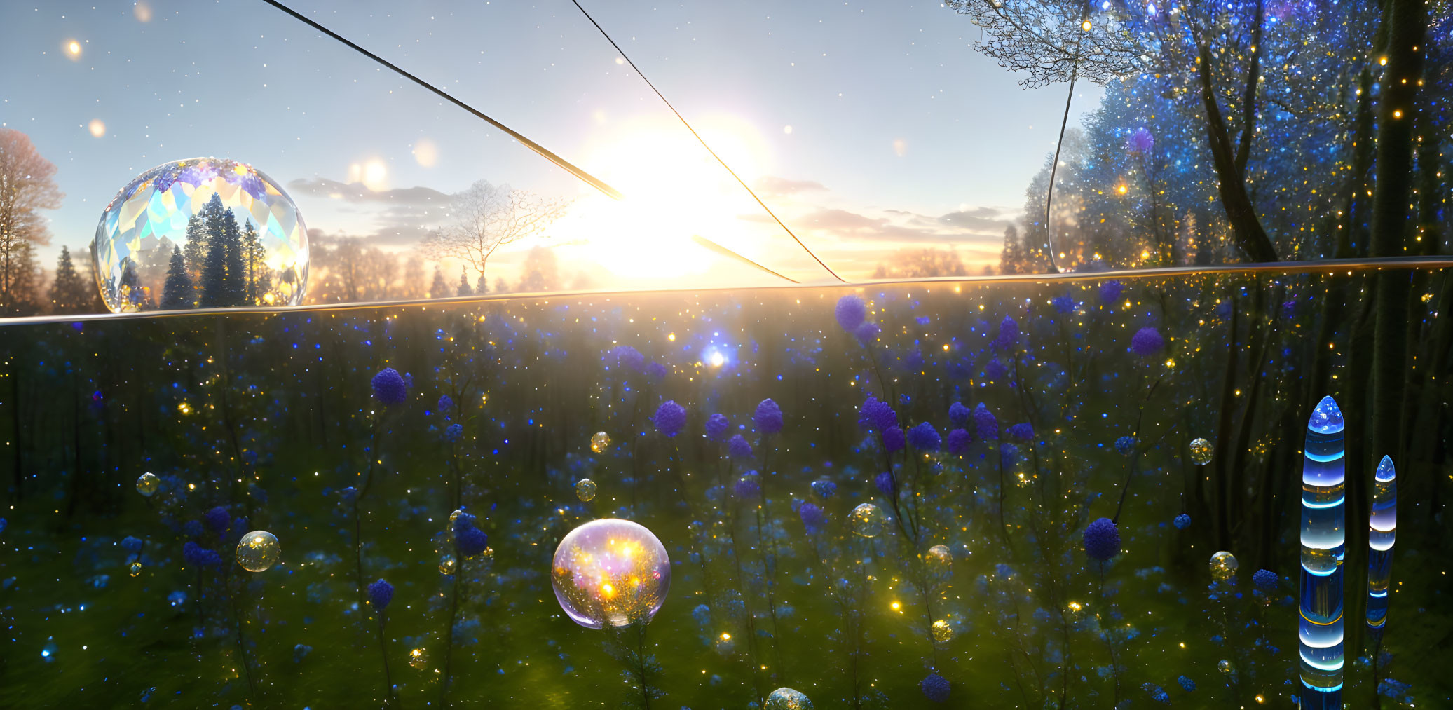 Fantastical sunset landscape with glowing orbs and magical structures among trees