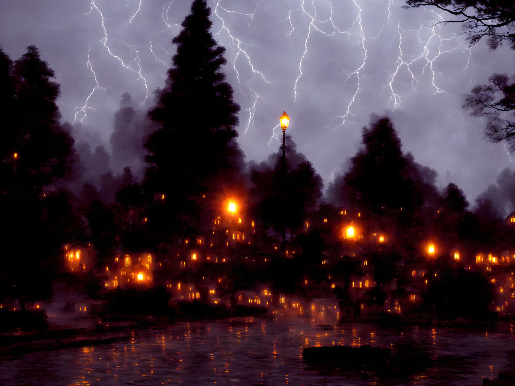 Stormy night with lightning above hazy waterside town.