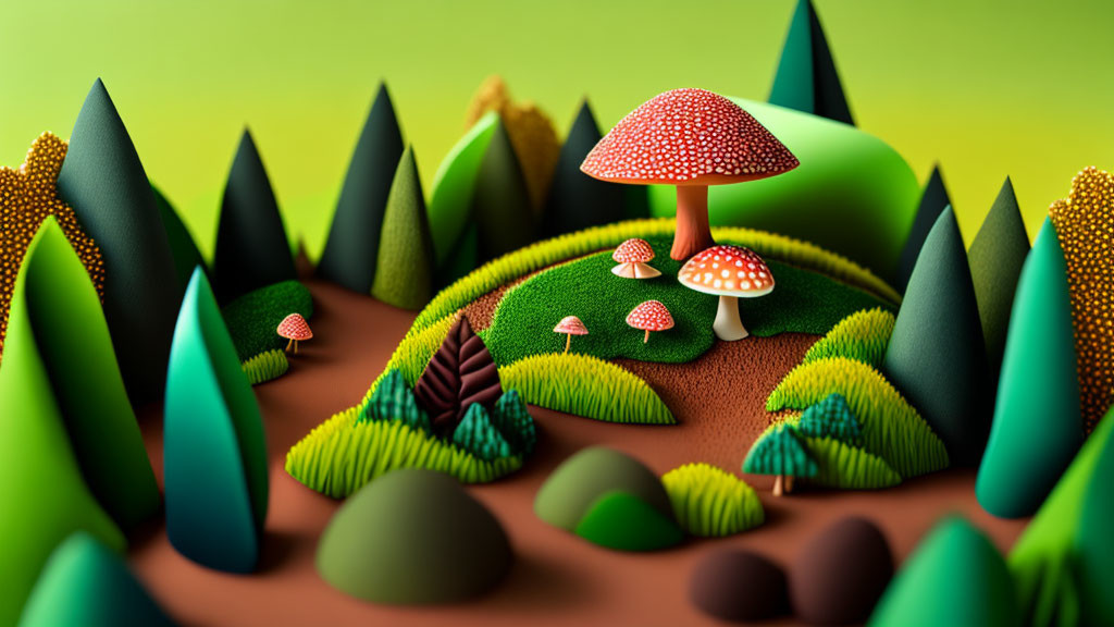 Colorful forest scene with textured hills, red mushrooms, cone-shaped trees