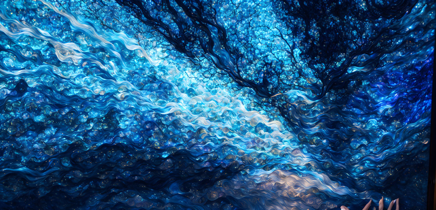 Surreal digital artwork of luminous blue tree with flowing patterns