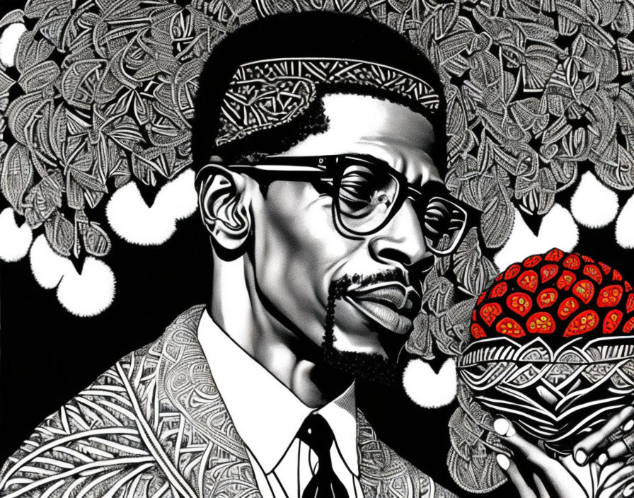 Monochrome illustration of a man with glasses and goatee holding strawberries in a patterned suit