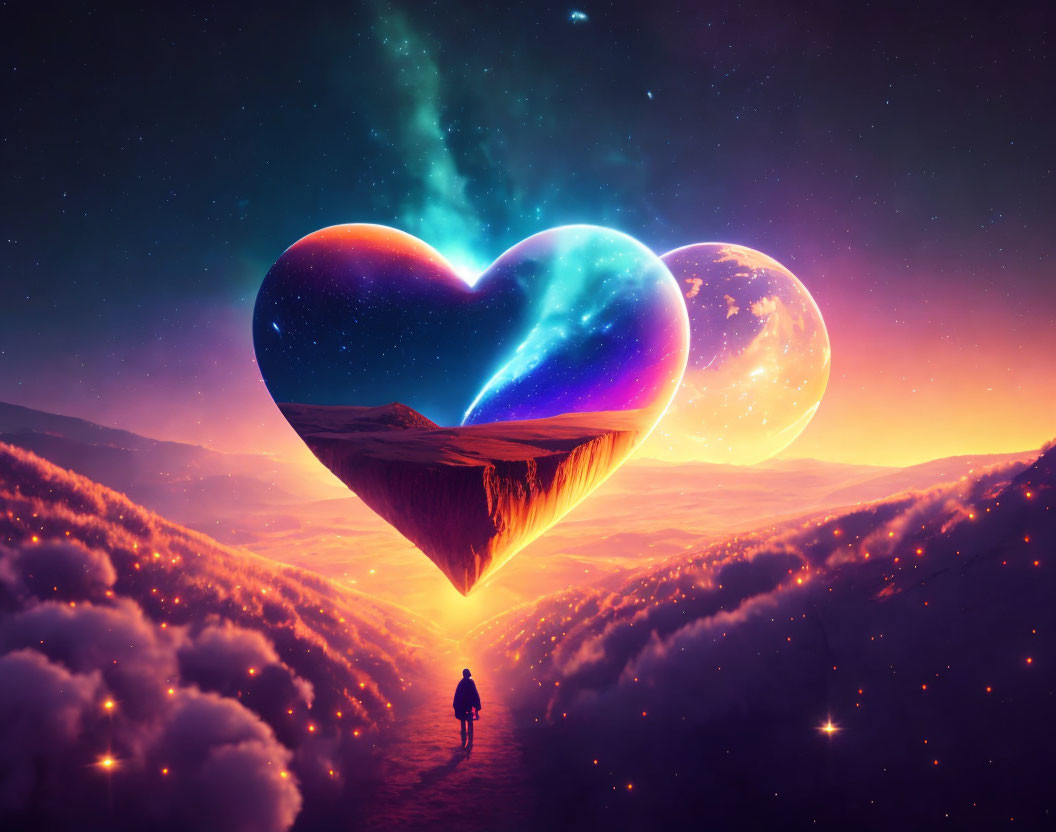 Person standing on heart-shaped island under cosmic sky