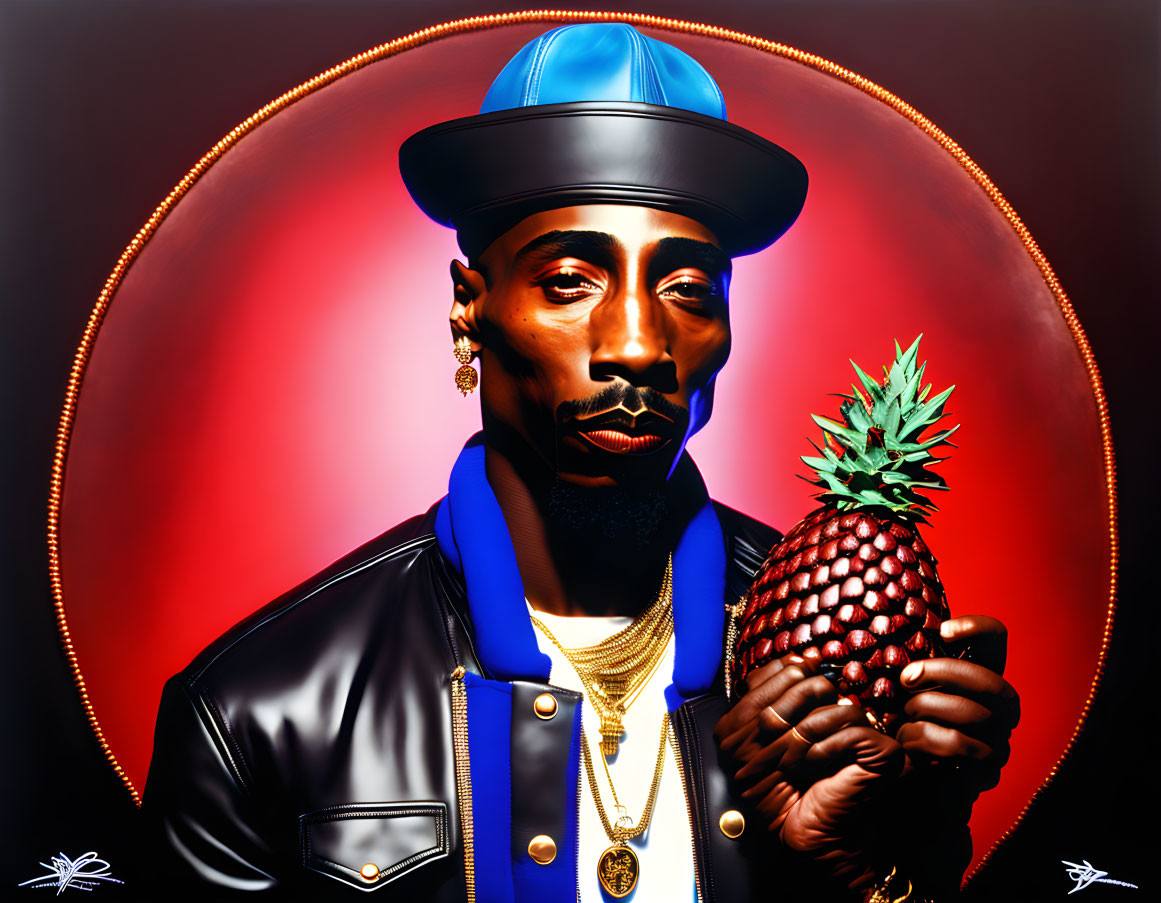 Man with Blue Hat and Pineapple in Stylized Digital Portrait