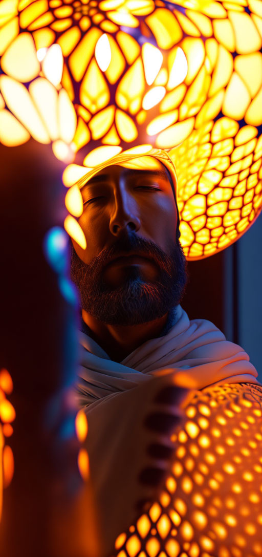 Bearded man under warm patterned lamp light