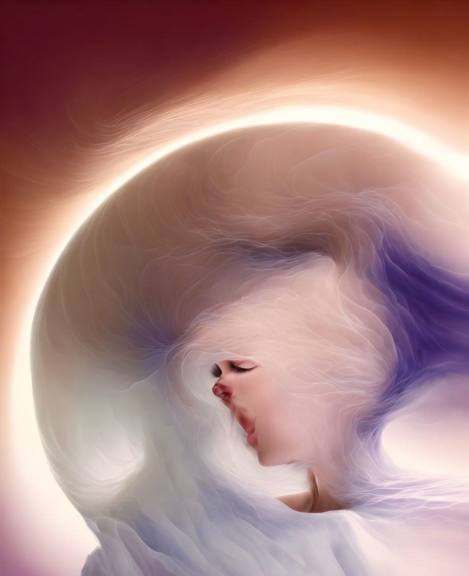 Profile of woman with flowing hair in abstract digital artwork
