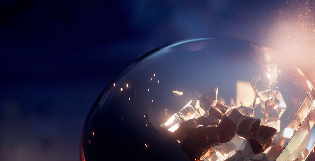 Transparent Sphere with Reflective Crystals in Dynamic Lighting at Dusk