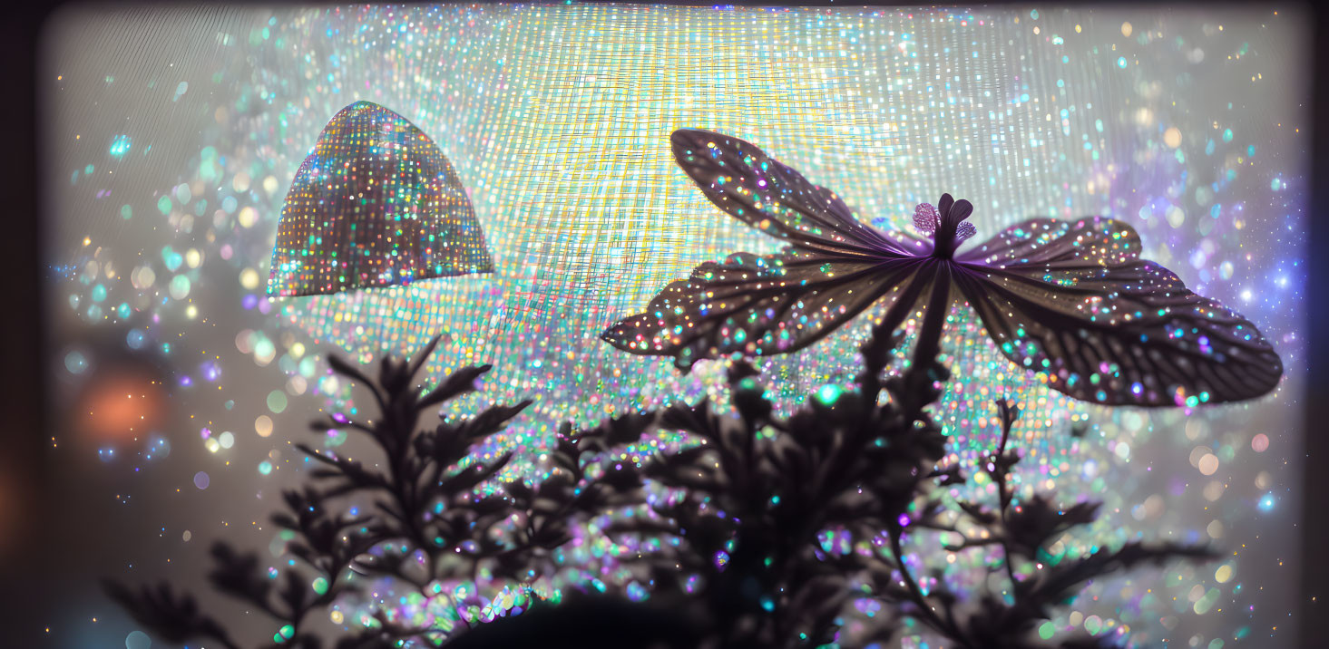 Silhouetted plants and butterfly in vibrant bokeh-lit background.