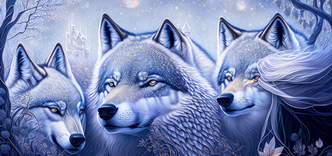 Detailed mystical blue-toned illustration of three wolves in a fantasy setting