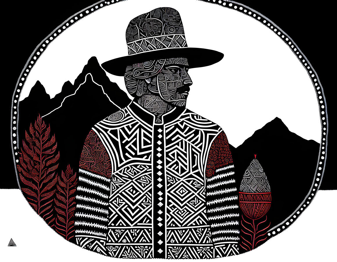 Monochrome graphic illustration of person in patterned attire with mountains in circular tribal frame.