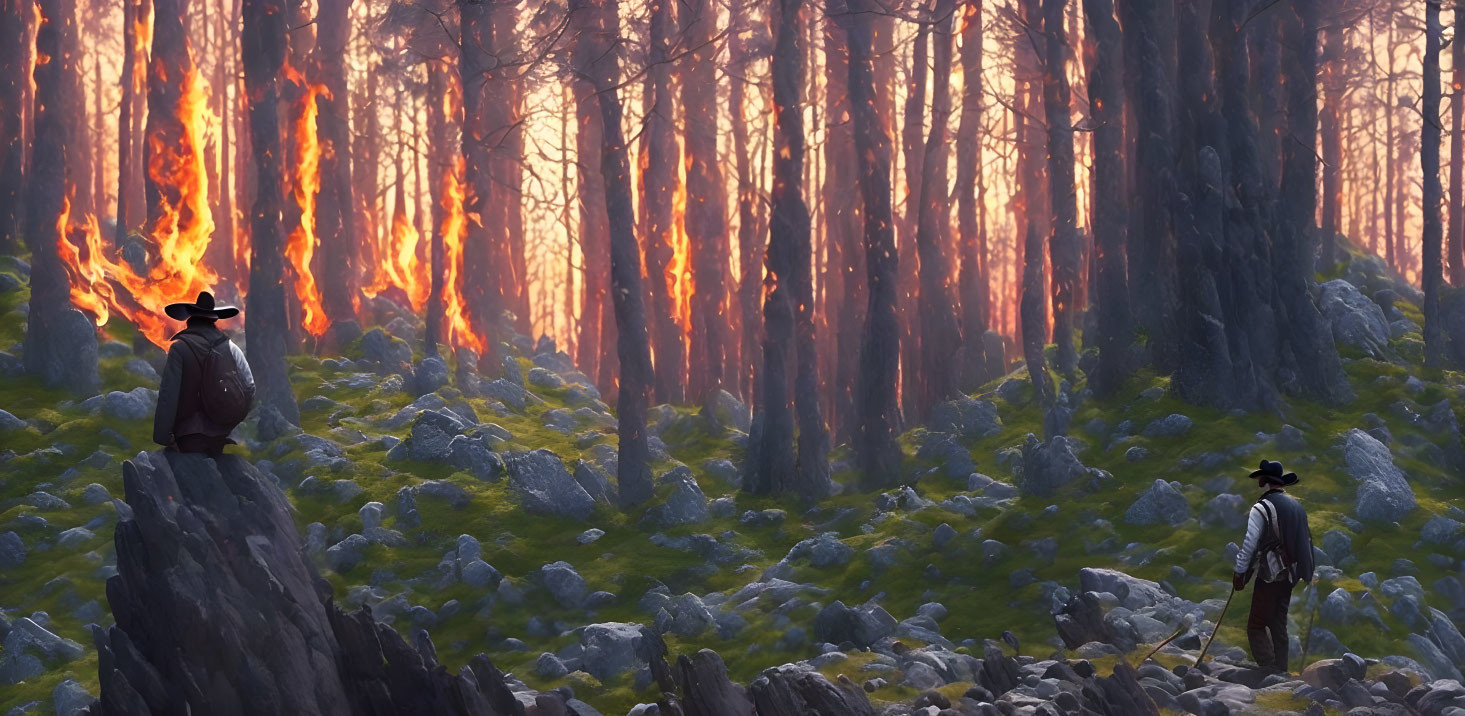 Cowboys observing forest fire on rocky outcrop at sunset