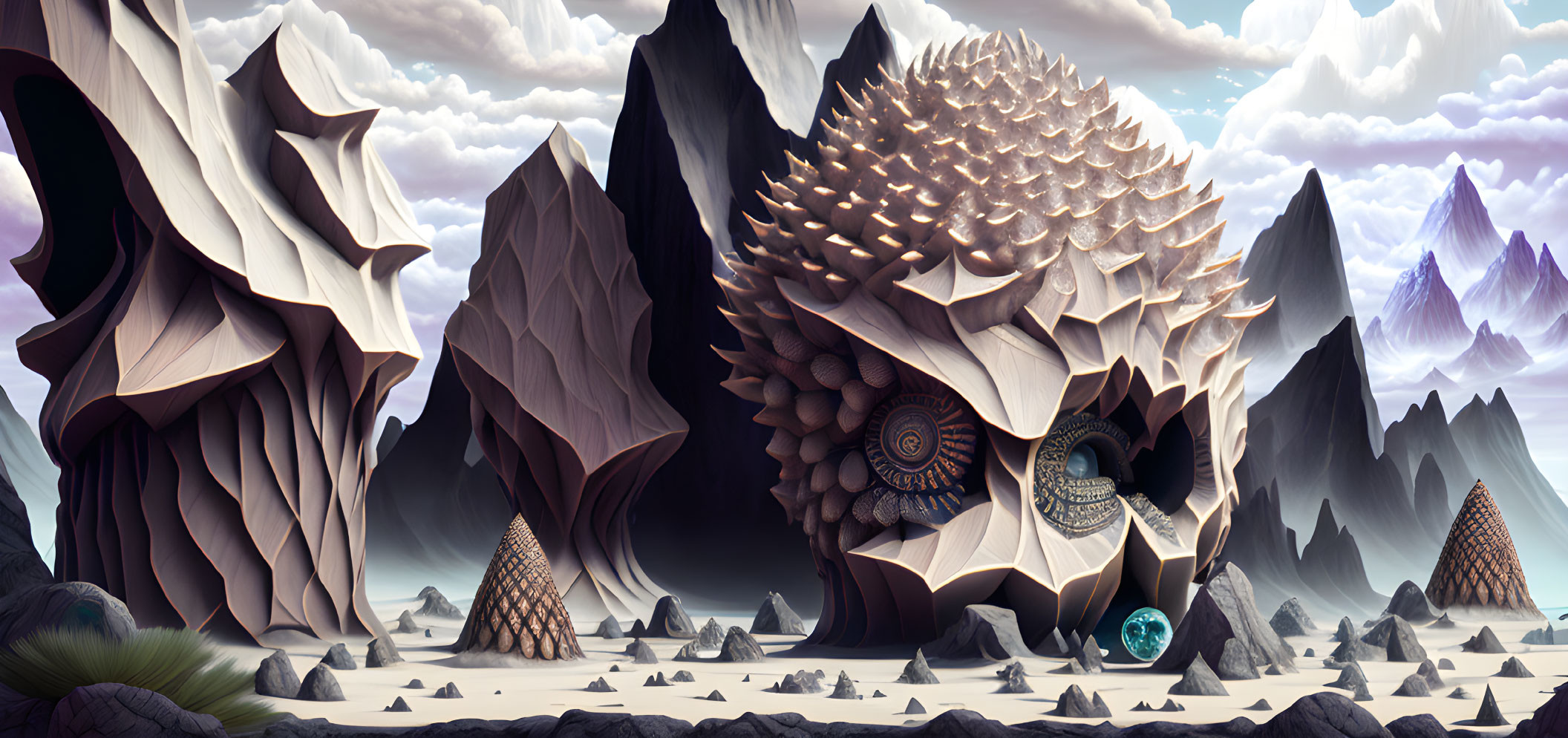 Abstract surreal landscape with geometric rock formations, shell-like cave, and cloudy sky.