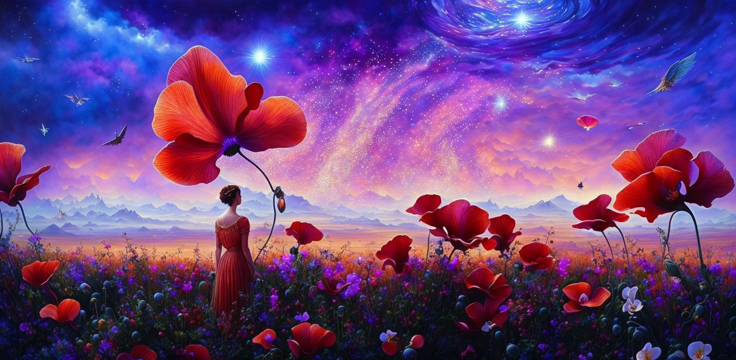 Colorful fantasy landscape with poppies, starry sky, galaxy, and hummingbirds