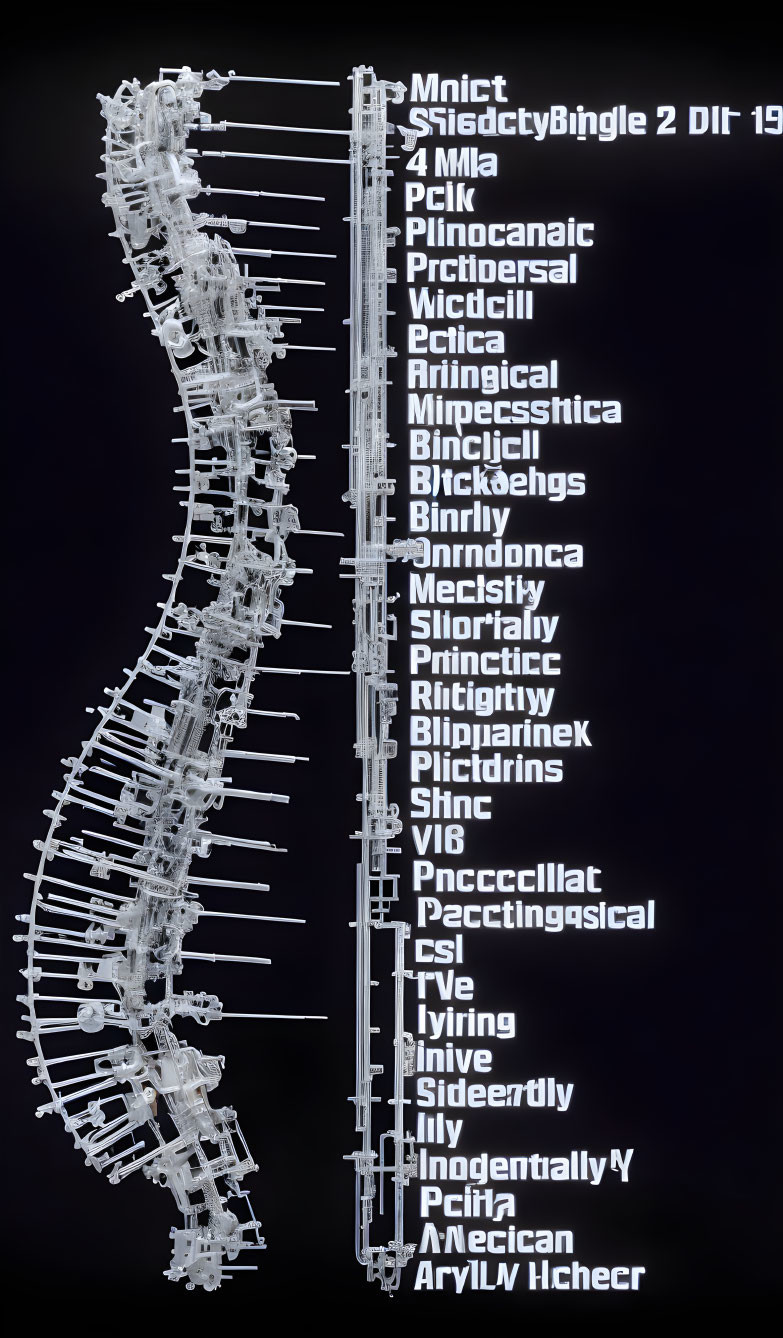 Human spine illustration with text vertebrae on black background