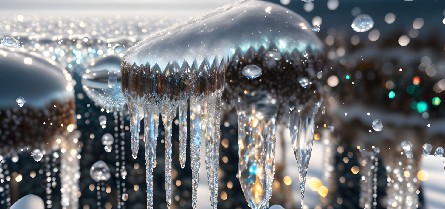 Frozen icicles with suspended water droplets and blurred winter landscape