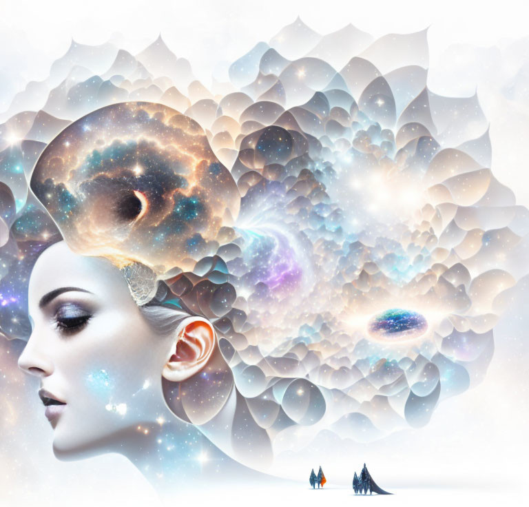 Surreal cosmic artwork featuring woman's profile and fractal patterns