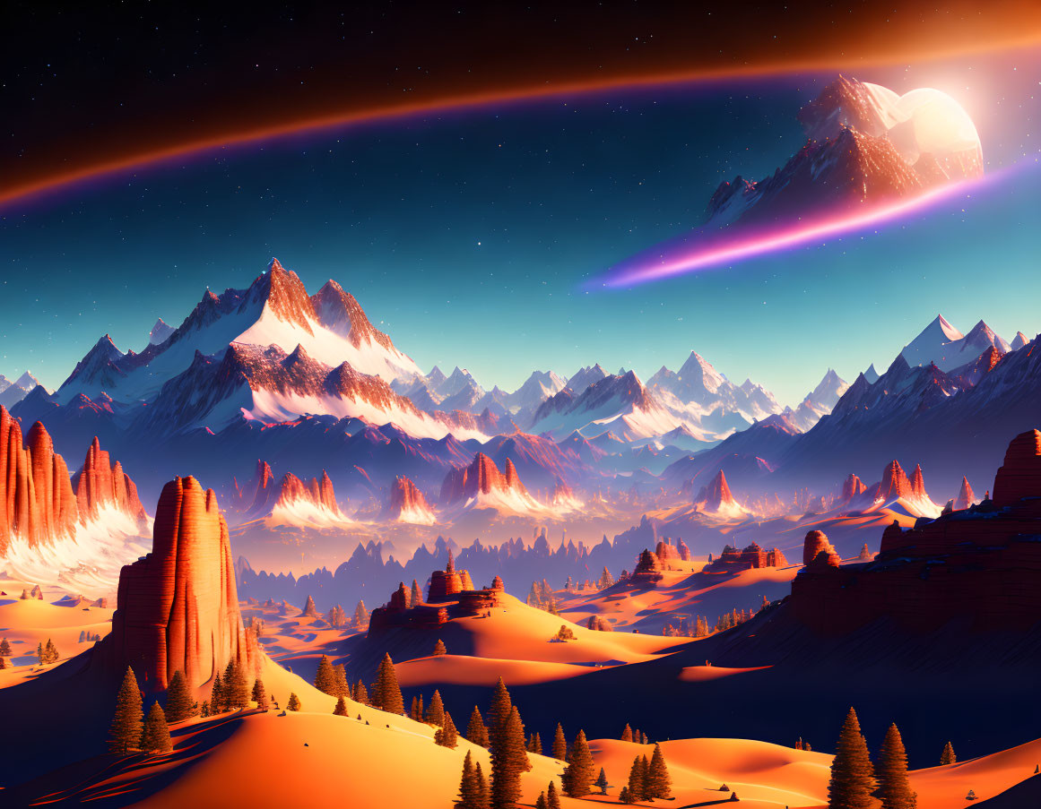 Snowy mountains, alien sky, rings, comet, orange dunes landscape.