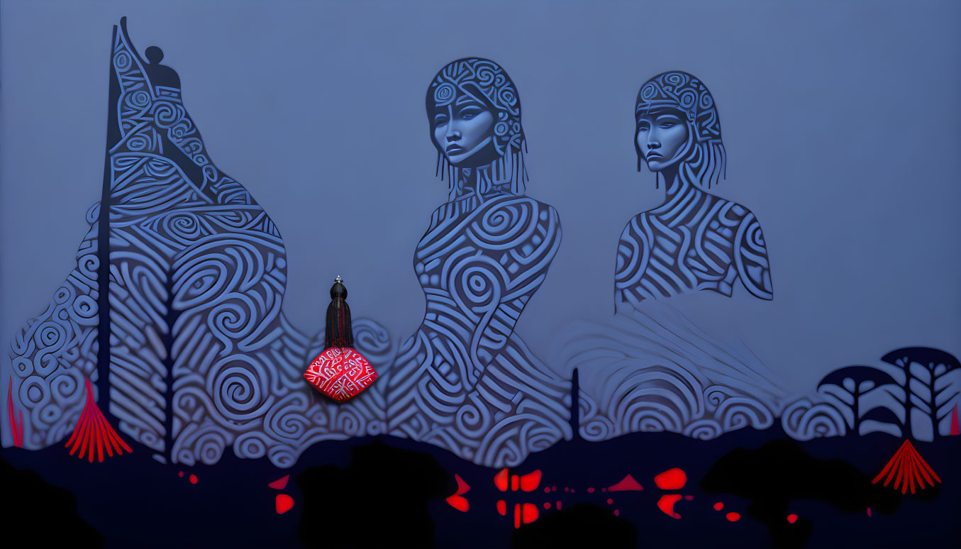 Silhouette image with intricate patterns and glowing lantern, surrounded by fantastical elements.