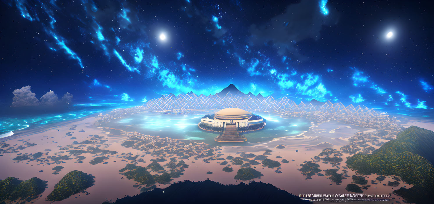 Circular futuristic building on isolated shore under starry night sky with auroras over icy mountains and forests.