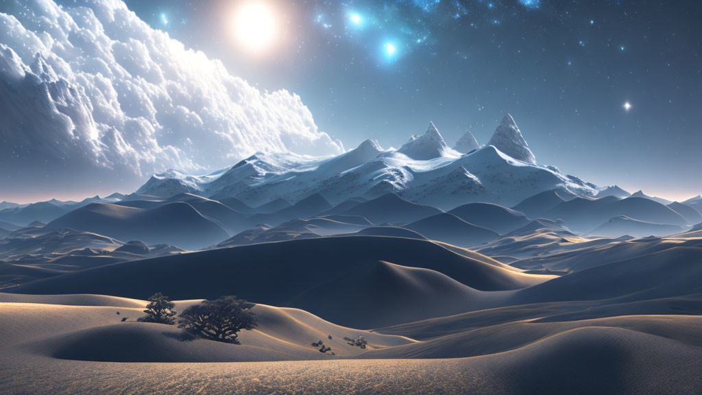 Tranquil nightscape: sand dunes, lone tree, snowy mountains, starlit sky