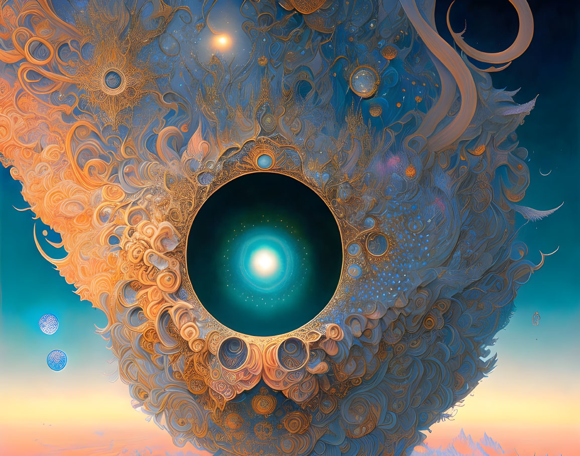 Detailed surreal eye-like structure with ornate patterns and celestial bodies on blue gradient sky.