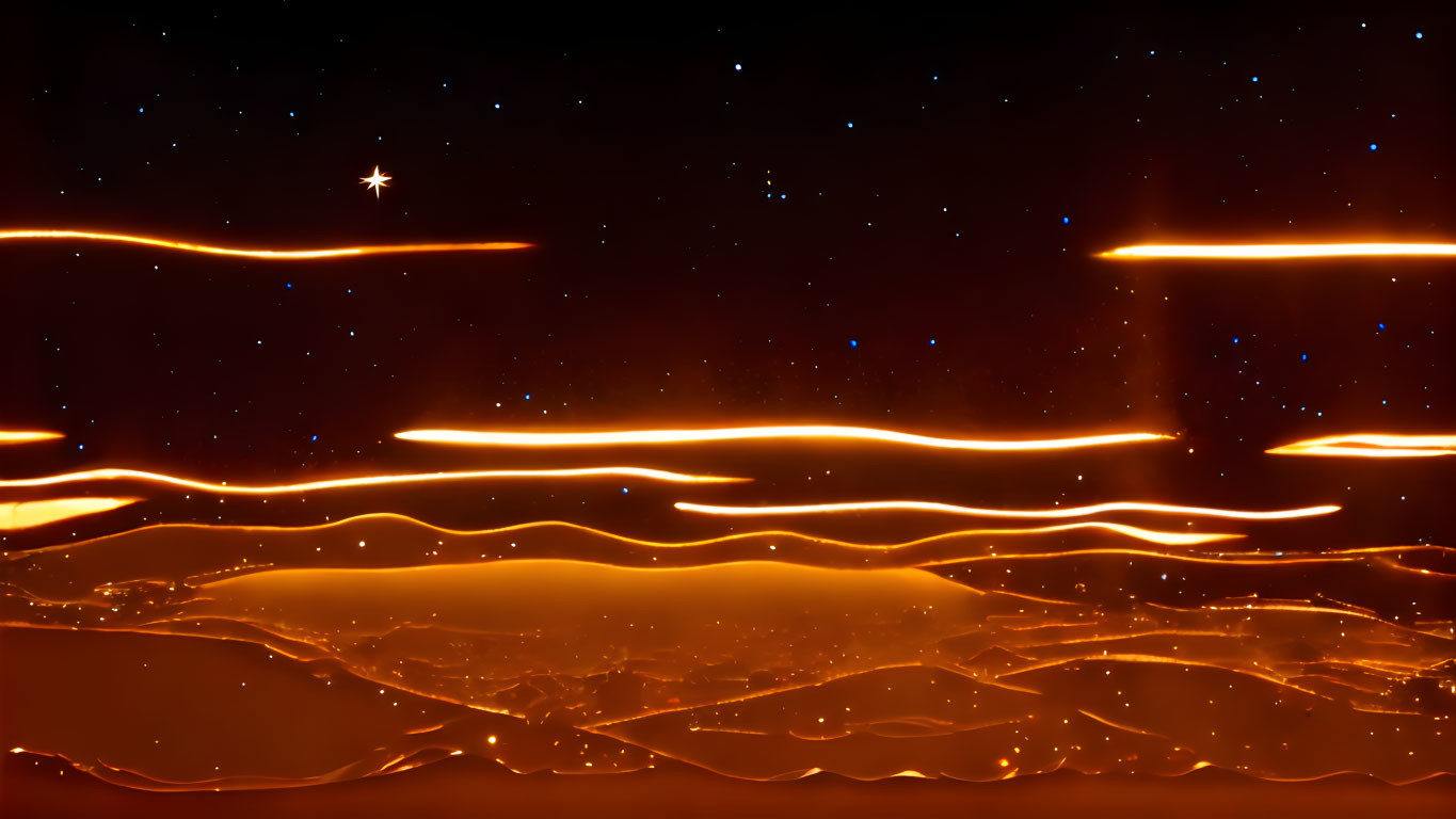 Long-exposure photo of golden light trails in dark starry sky