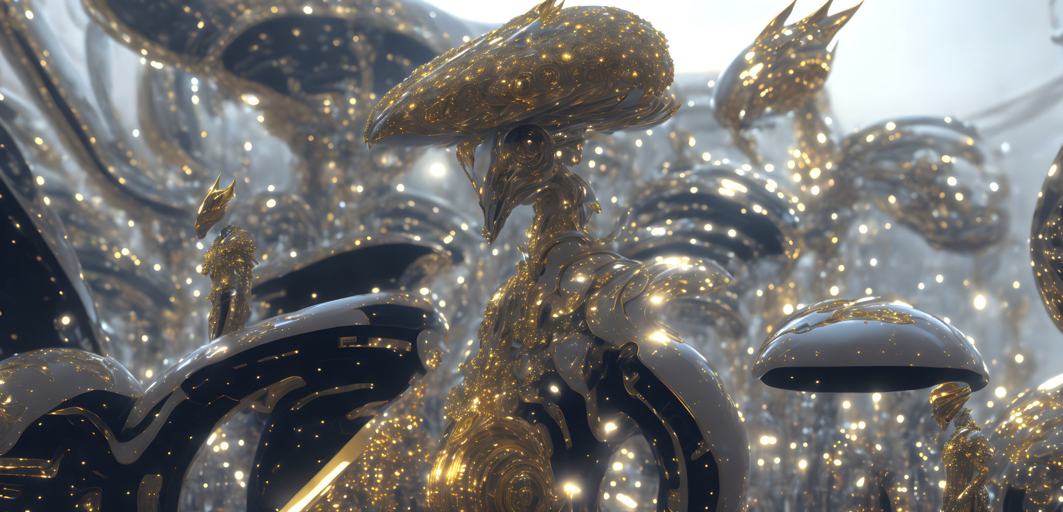 Glossy golden sculptures in futuristic art exhibit